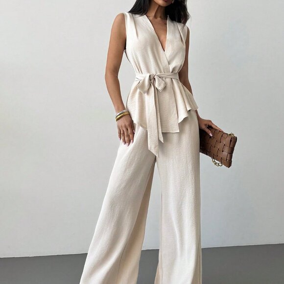 MODA ME COUTURE Pants - Apricot Elegant Casual Womens Loose V Neck Sleeveless top & Straight Leg Pants